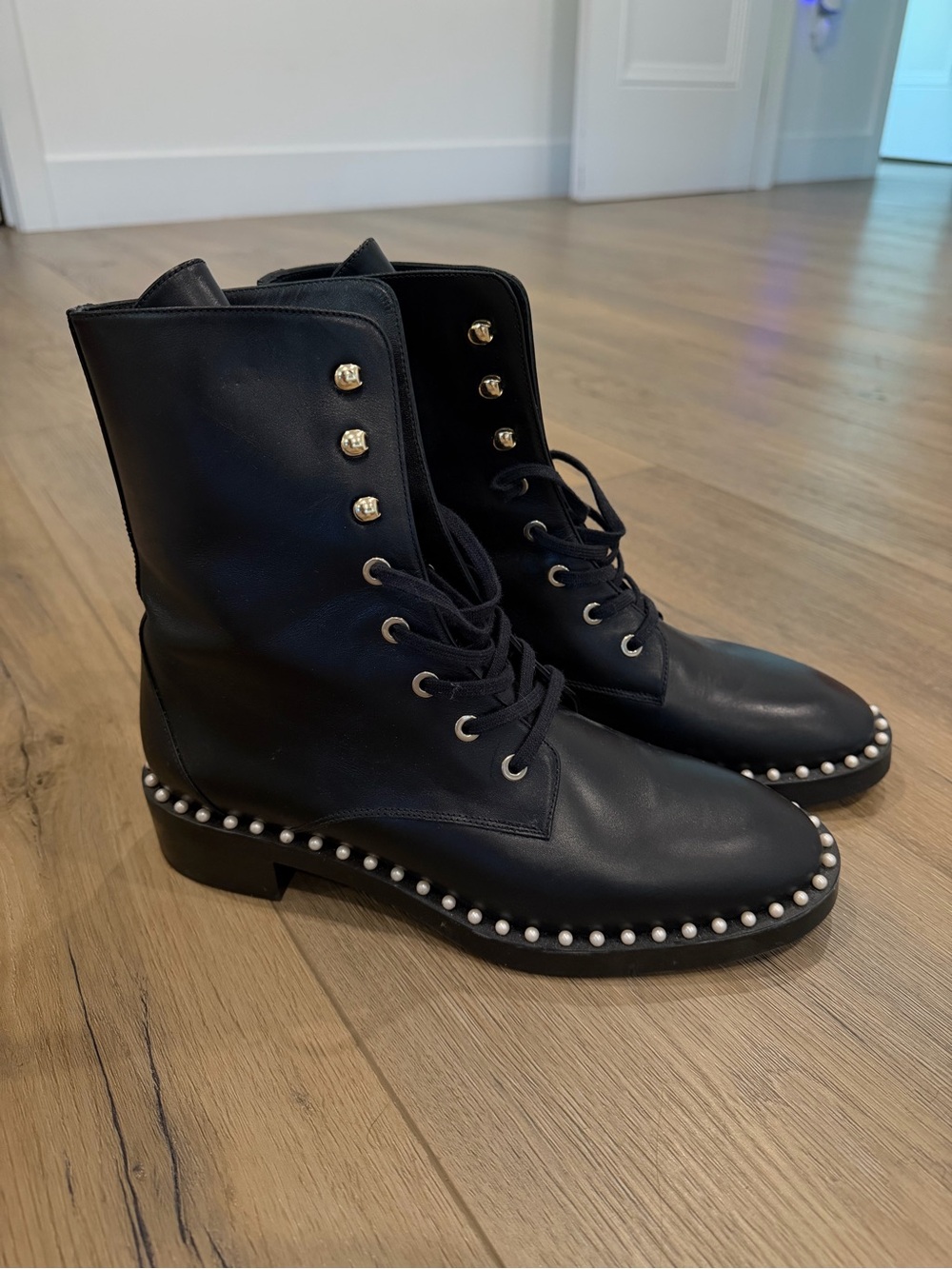 Stuart Weitzman Sondra Pearly-Studded Black Leather Lace-Up Combat Boots